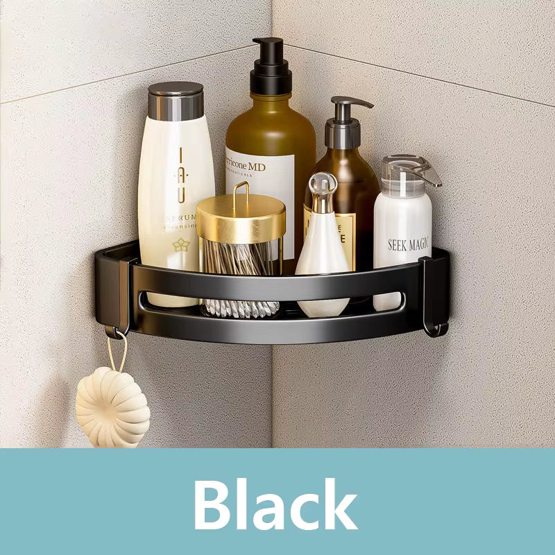 Top 1 Hot Sale Wholesale Wall Mounted Bathroom Corner Shelf Organizer Shelf Self Adhesive Screw Dual Use Black Bathroom Shelves