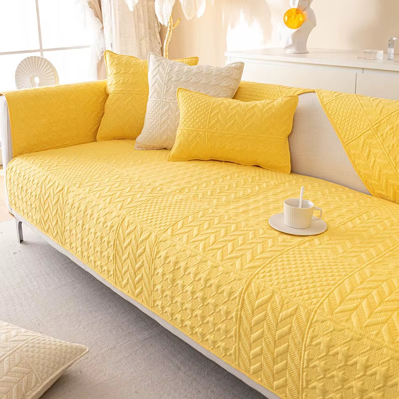 Solid Color Cotton Non-Slip Embroidery Protection Couch Covers Three-Seat Sofa
