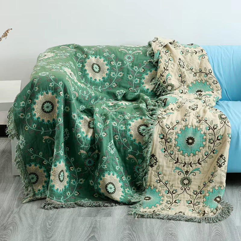 4 Layer Cotton Gauze Boho Adult Blanket Gauze Quilt Cotton Baby Blanket with Tassel Towel Blankets for Bedroom