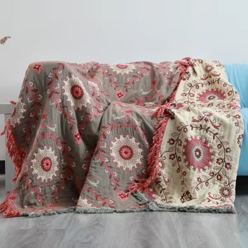 4 Layer Cotton Gauze Boho Adult Blanket Gauze Quilt Cotton Baby Blanket with Tassel Towel Blankets for Bedroom