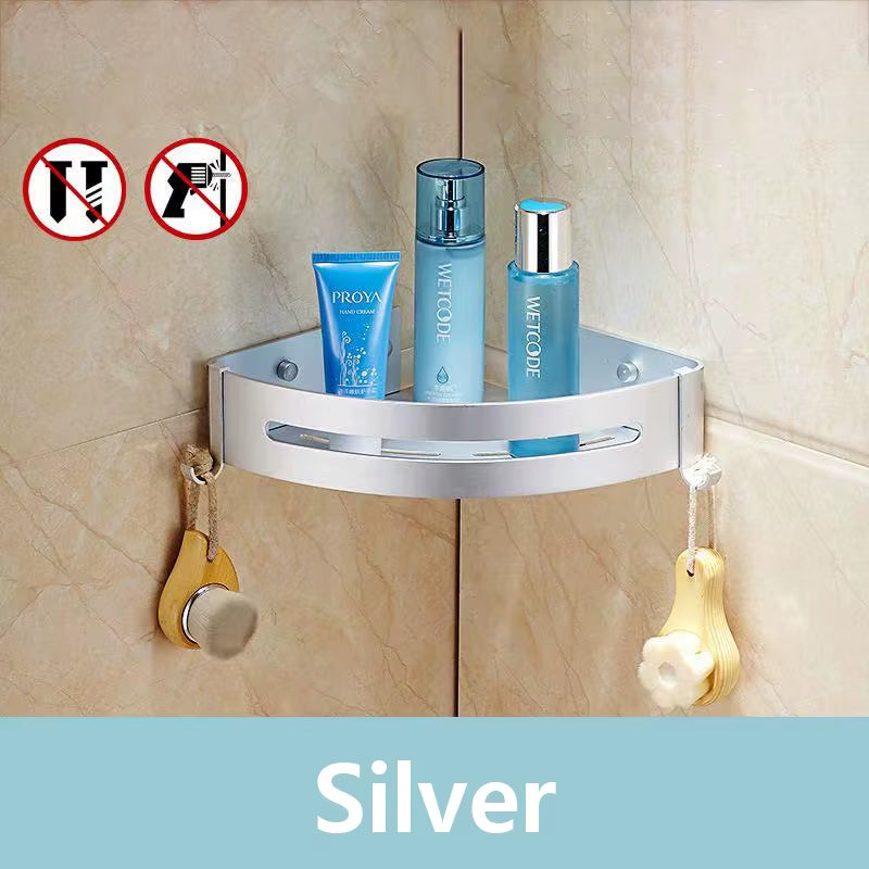 Top 1 Hot Sale Wholesale Wall Mounted Bathroom Corner Shelf Organizer Shelf Self Adhesive Screw Dual Use Black Bathroom Shelves