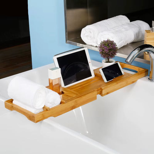 Bamboo Bathtub Rack, Multi-Functional Extendable Bathroom Storage Rack, Phone Holder, Bathroom Shelf, Wholesale Available.