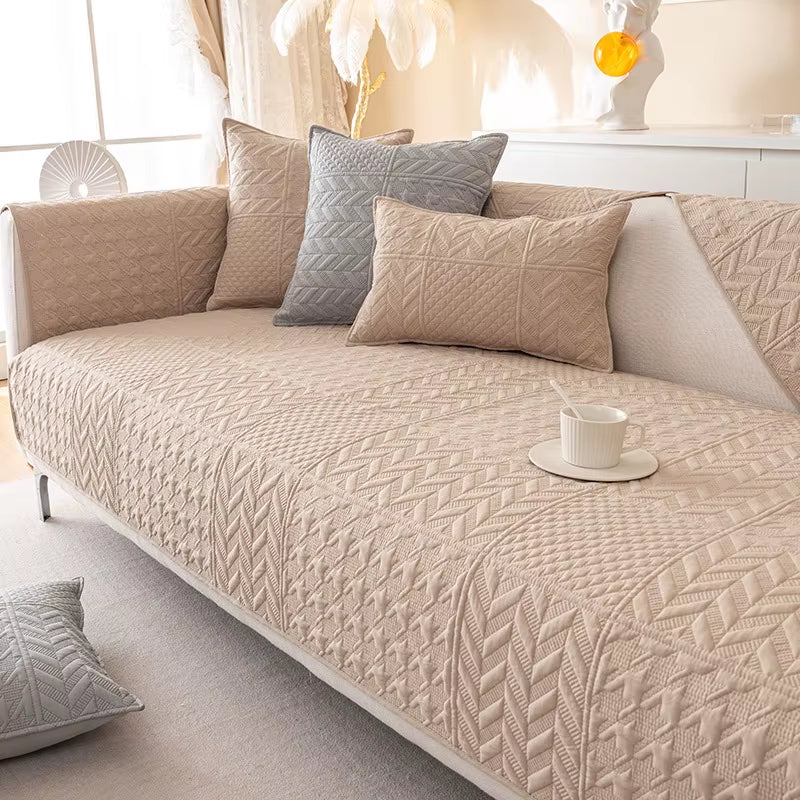 Solid Color Cotton Non-Slip Embroidery Protection Couch Covers Three-Seat Sofa