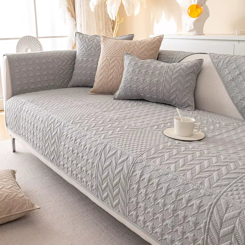 Solid Color Cotton Non-Slip Embroidery Protection Couch Covers Three-Seat Sofa
