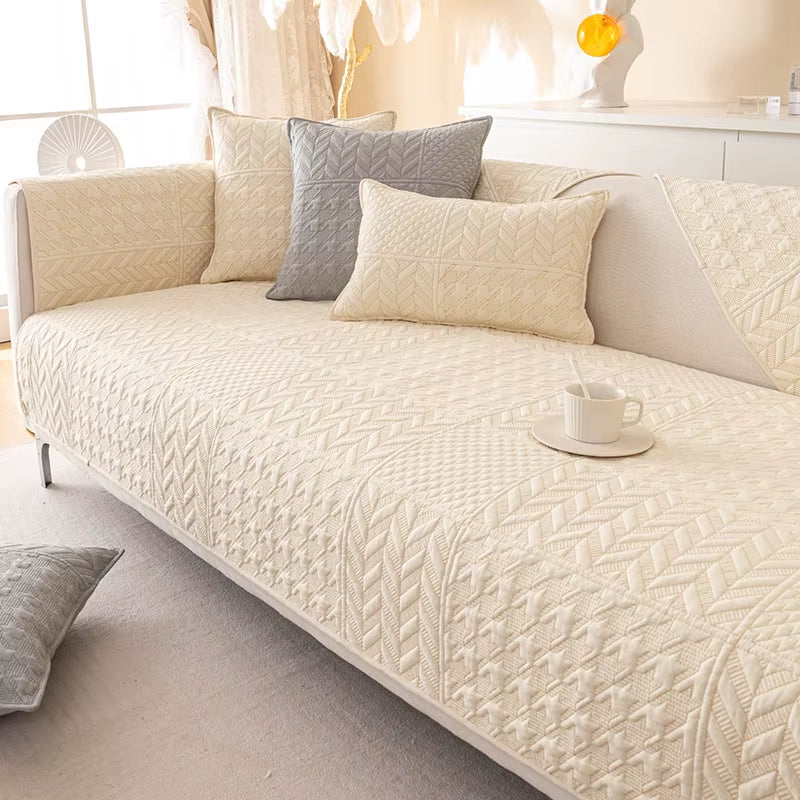 Solid Color Cotton Non-Slip Embroidery Protection Couch Covers Three-Seat Sofa