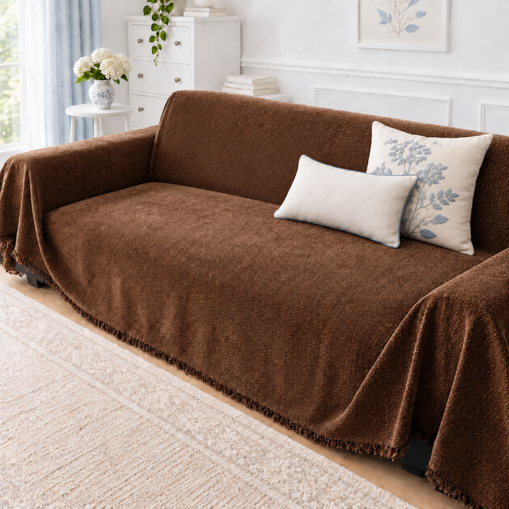 Thea Herringbone Chenille Couch Cover in chestnut brown