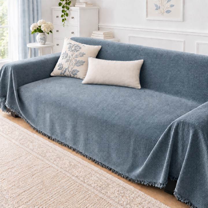 Thea Herringbone Chenille Couch Cover in dusty blue