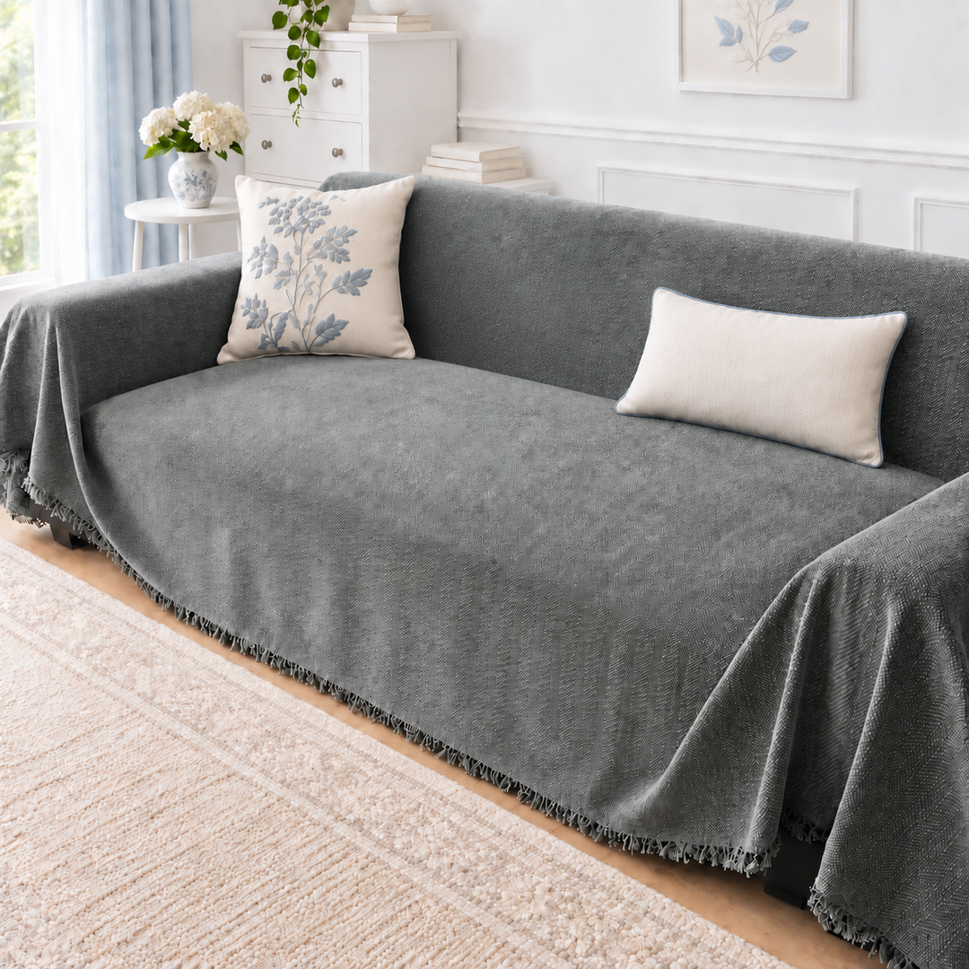 Thea Herringbone Chenille Couch Cover in gray