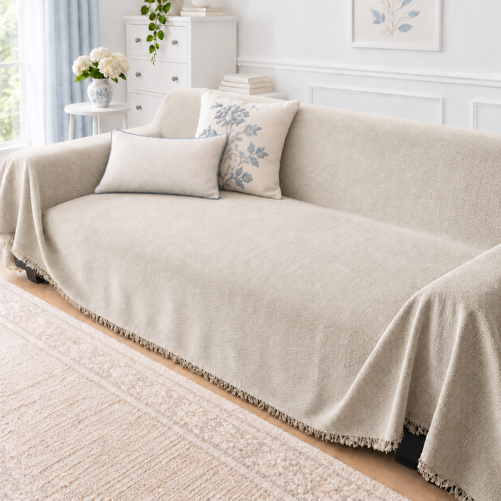 Thea Herringbone Chenille Couch Cover in ivory