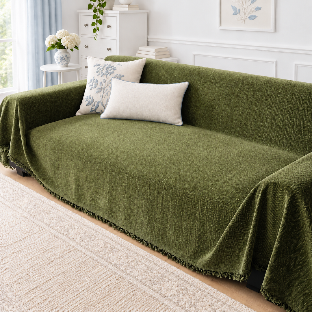 Thea Herringbone Chenille Couch Cover in olive green