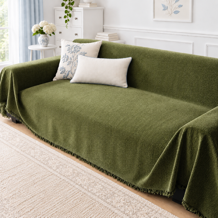Thea Herringbone Chenille Couch Cover in olive green
