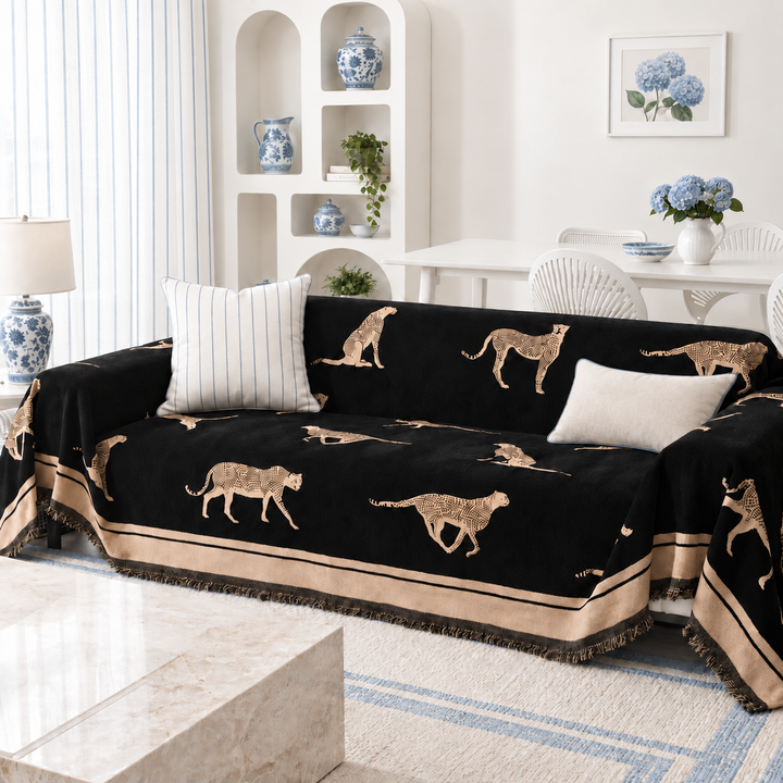 Thea Leopard Chenille Couch Cover in black