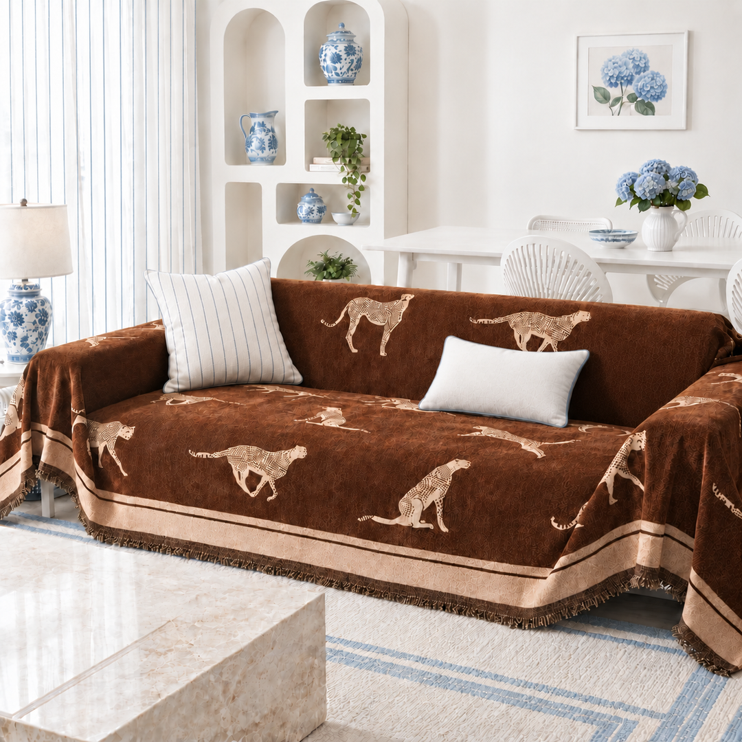 Thea Leopard Chenille Couch Cover in brown