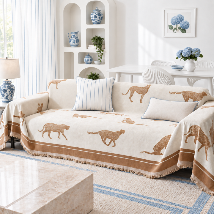 Thea Leopard Chenille Couch Cover in ivory