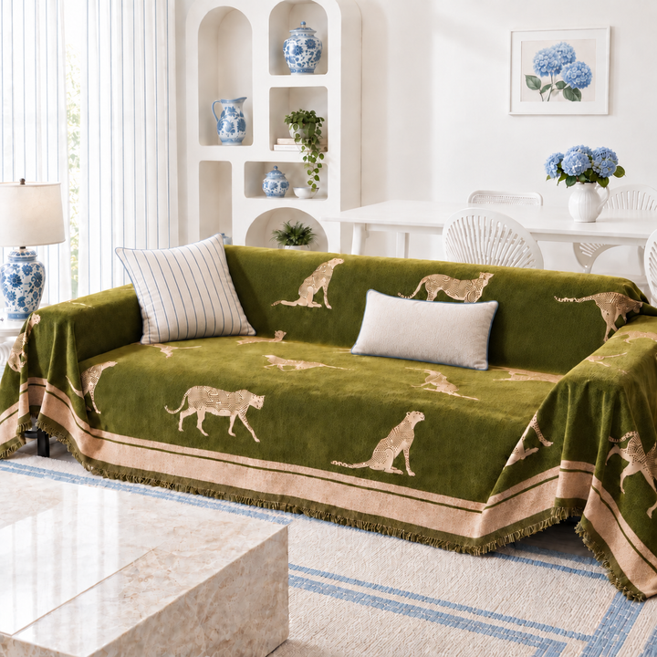 Thea Leopard Chenille Couch Cover in olive green