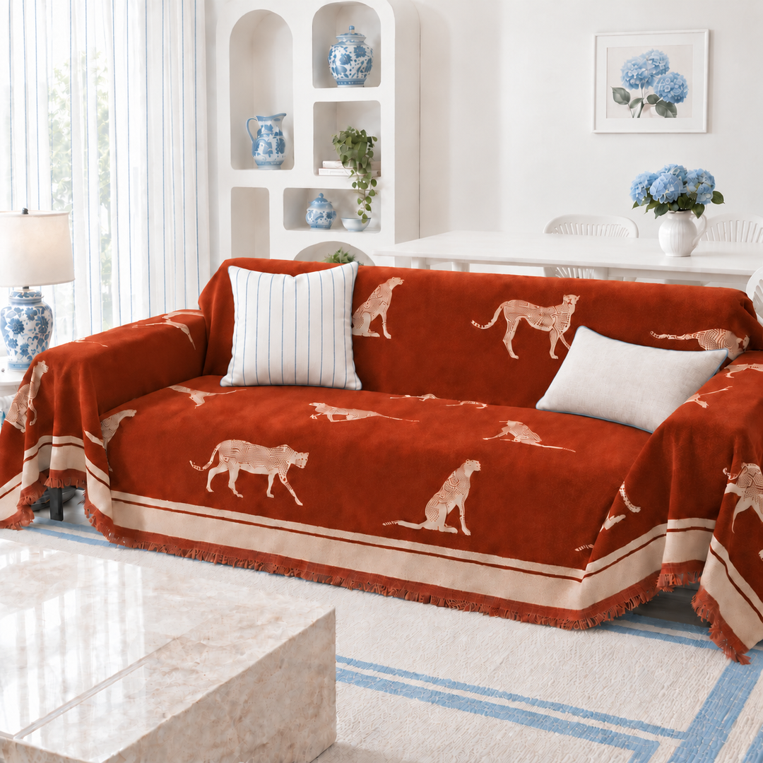 Thea Leopard Chenille Couch Cover in rust