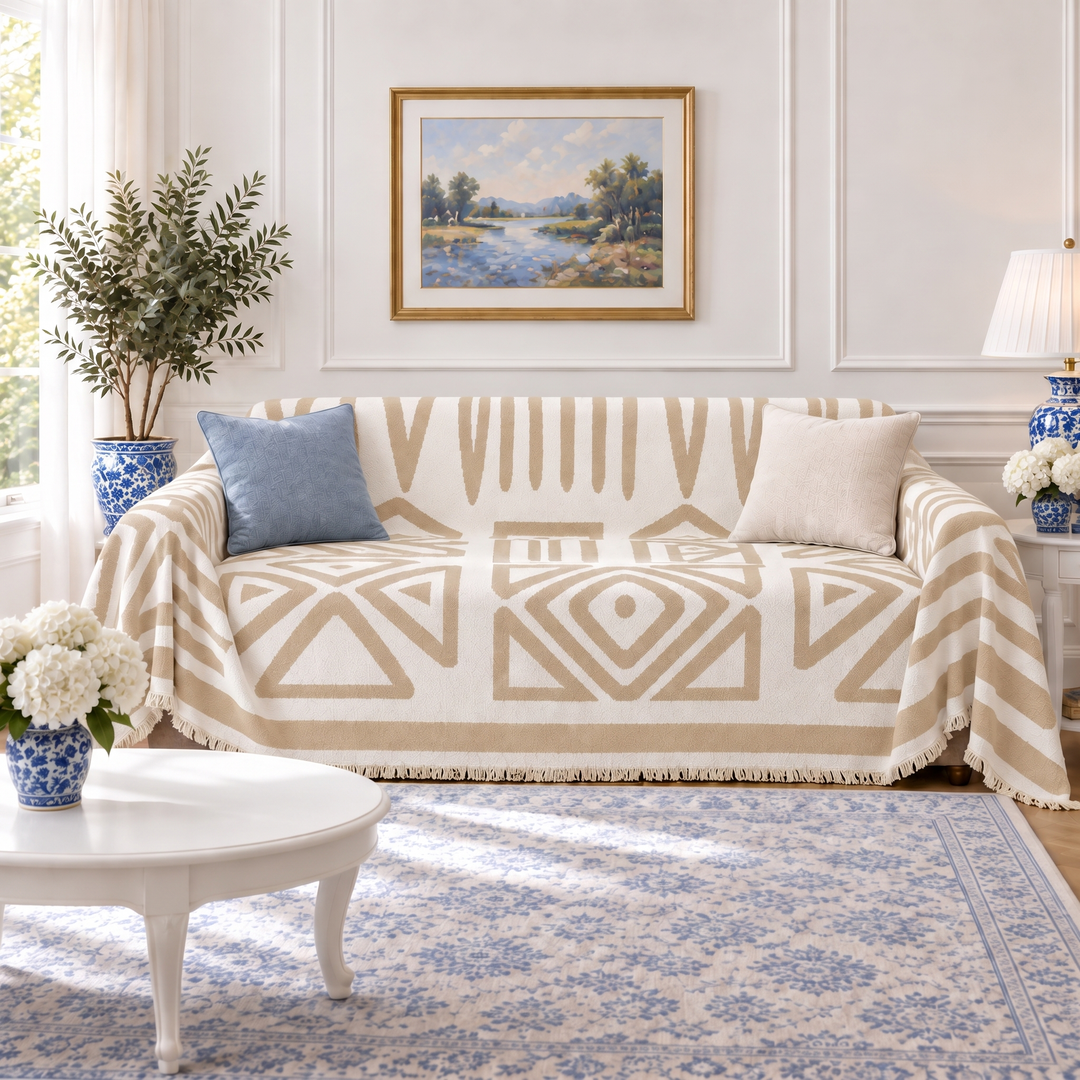 Thea Reversible Boho Couch Cover in beige, reverse side