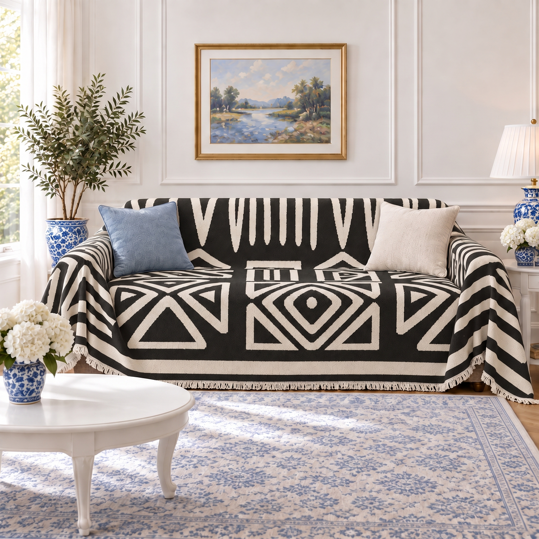 Thea Reversible Boho Couch Cover in black, front side