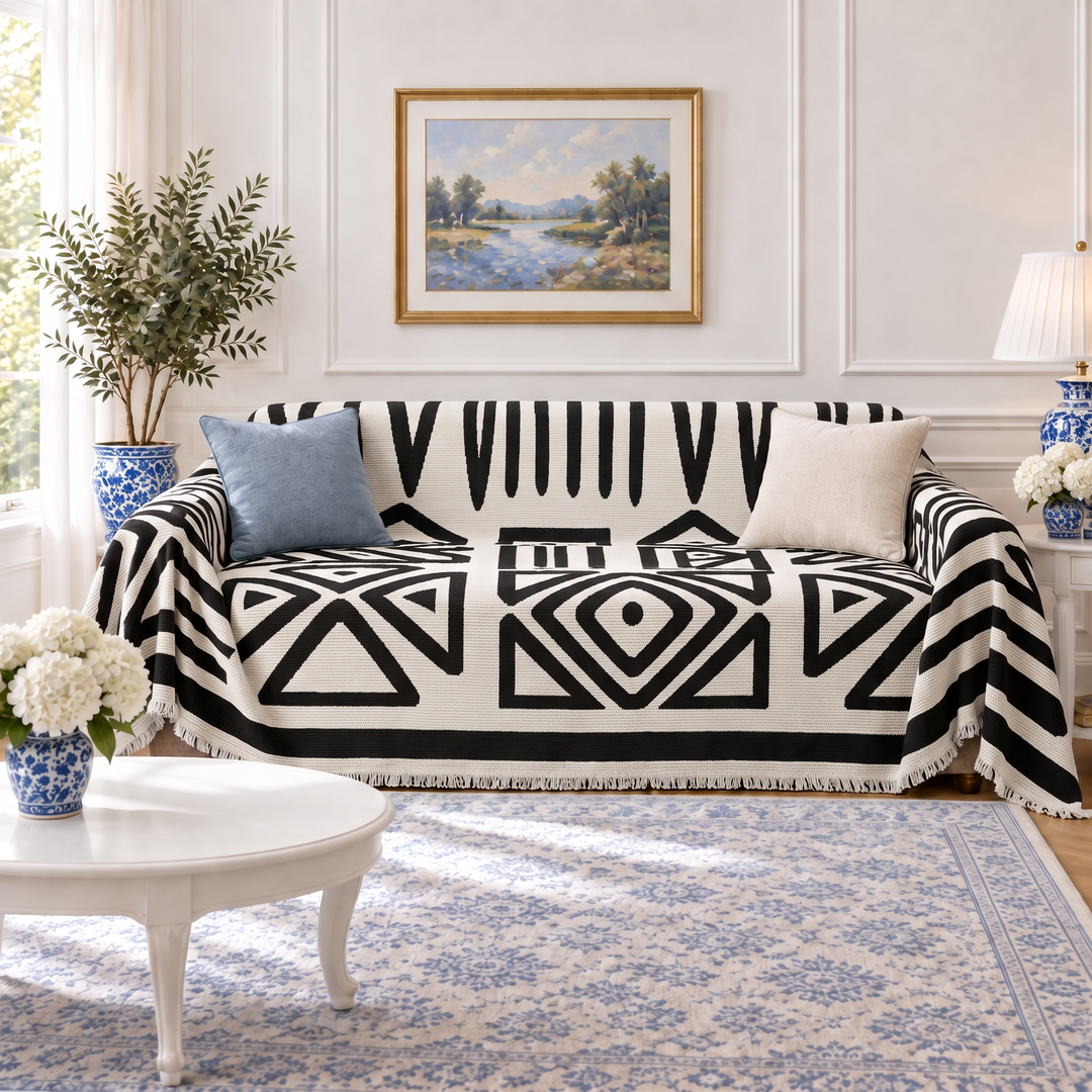 Thea Reversible Boho Couch Cover in black, reverse side