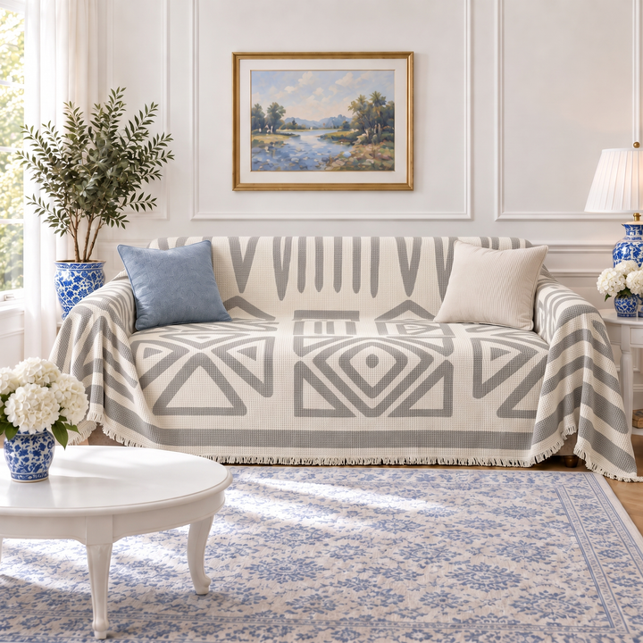 Thea Reversible Boho Couch Cover in gray, reverse side