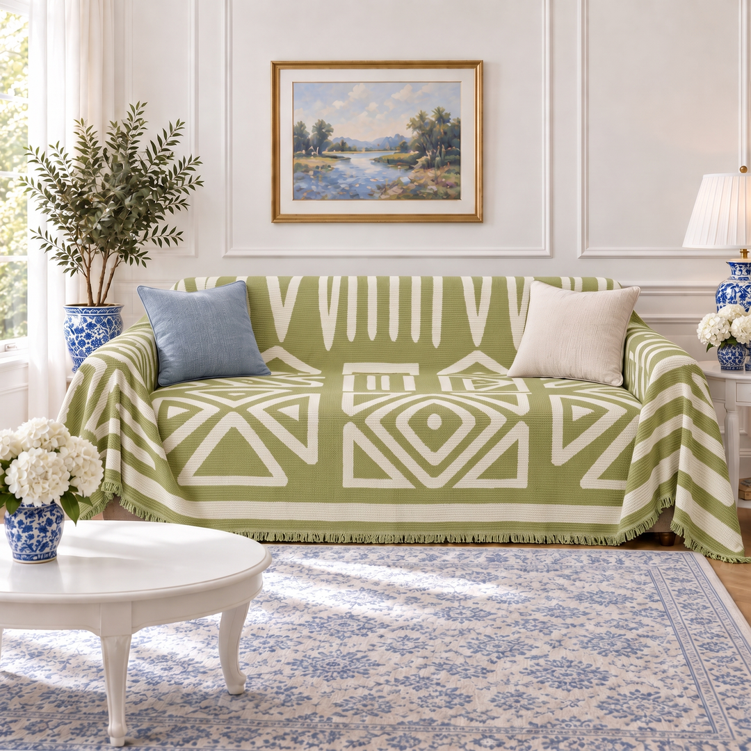 Thea Reversible Boho Couch Cover in green, front side