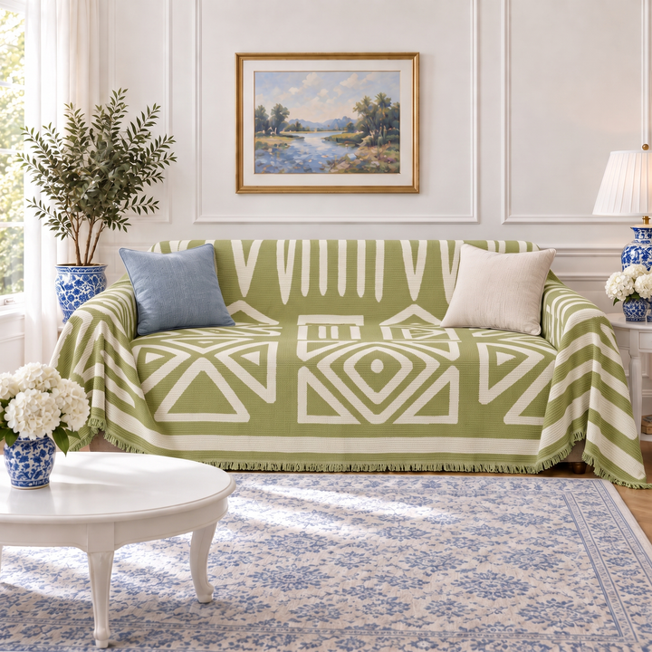 Thea Reversible Boho Couch Cover in green, front side