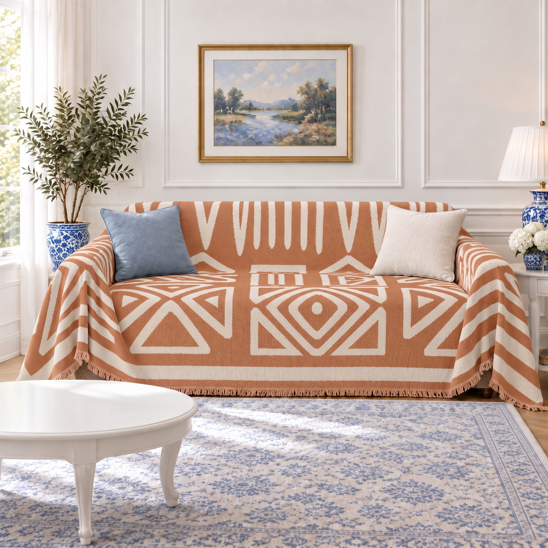 Thea Reversible Boho Couch Cover in terracotta, front side
