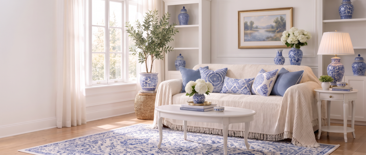 White living room with a cream fringed sofa cover, blue cushions and a few blue and white jars