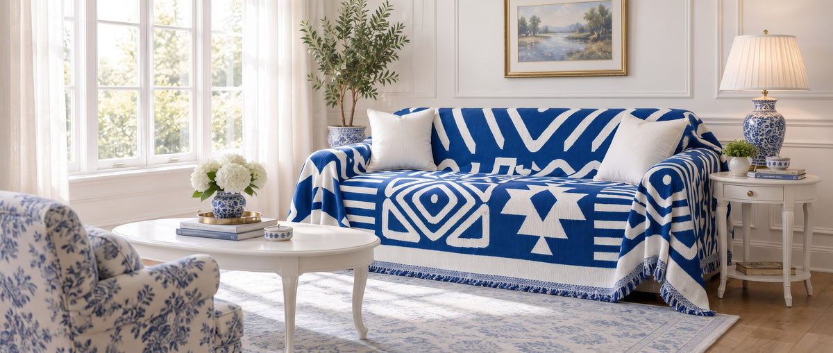 Blue patterned sofa cover in a bright living room