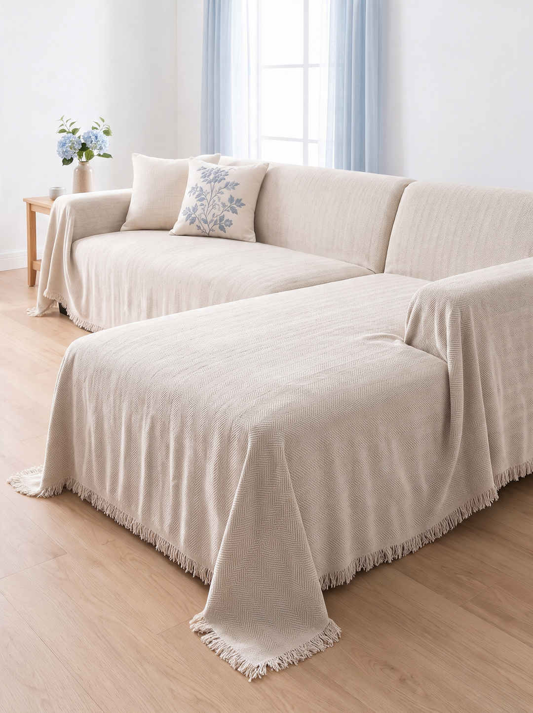 Herringbone chenille couch cover draped over a sofa