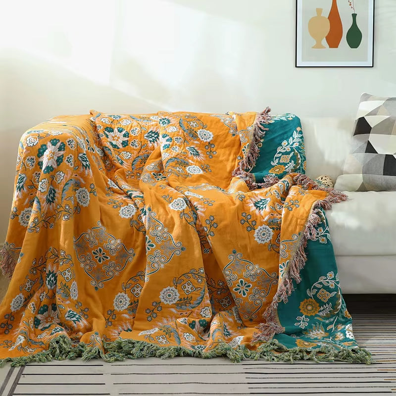 4 Layer Cotton Gauze Boho Adult Blanket Gauze Quilt Cotton Baby Blanket with Tassel Towel Blankets for Bedroom