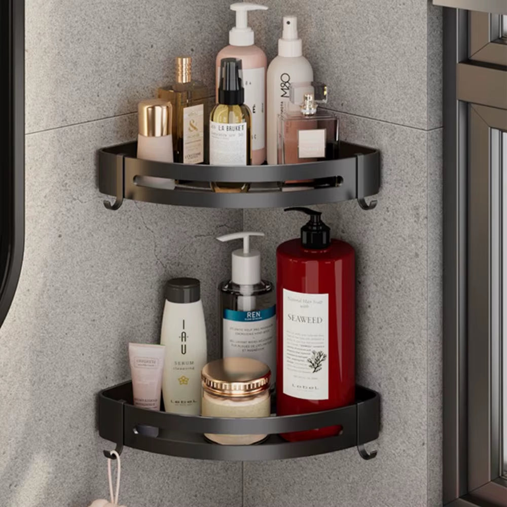 Top 1 Hot Sale Wholesale Wall Mounted Bathroom Corner Shelf Organizer Shelf Self Adhesive Screw Dual Use Black Bathroom Shelves