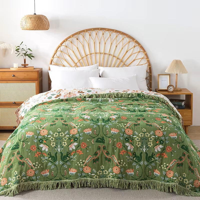 4 Layer Cotton Gauze Boho Adult Blanket Gauze Quilt Cotton Baby Blanket with Tassel Towel Blankets for Bedroom