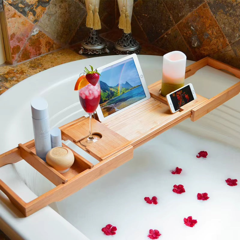 Bamboo Bathtub Rack, Multi-Functional Extendable Bathroom Storage Rack, Phone Holder, Bathroom Shelf, Wholesale Available.