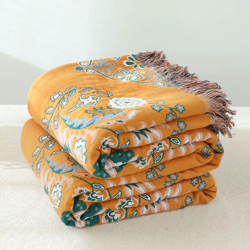 4 Layer Cotton Gauze Boho Adult Blanket Gauze Quilt Cotton Baby Blanket with Tassel Towel Blankets for Bedroom
