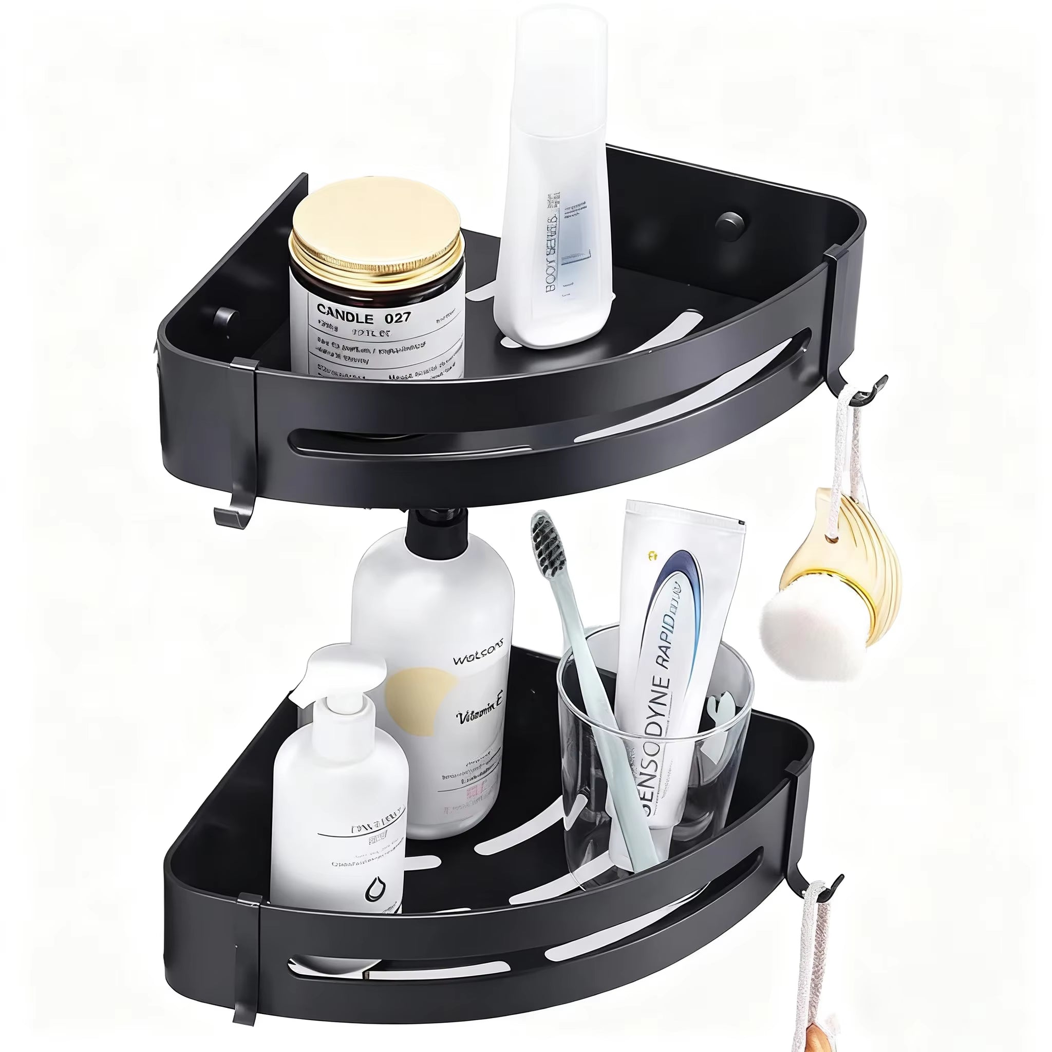 Top 1 Hot Sale Wholesale Wall Mounted Bathroom Corner Shelf Organizer Shelf Self Adhesive Screw Dual Use Black Bathroom Shelves
