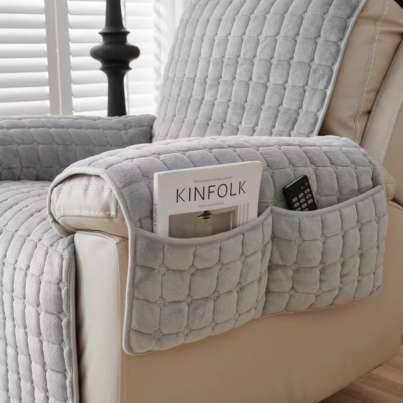 Winter Solid Color Flannel Square One-Piece Sofa Cushions Modern Simple Thickened Warm Plush Checkered Single-Seat Sofa Covers